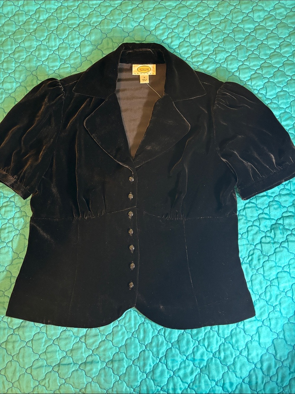 NWT Talbots Petites Black Velvet Puff Sleeve Jeweled Button Blouse Blazer 8P